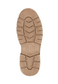 Suela de zapato de goma marrón con un patrón texturizado en zigzag y profundos surcos para agarre, y un logo central. Tamaño estándar 41 indicado.