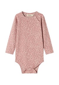 Bodysuit za bebe s dugim rukavima u dizajnu ružičastog leopard uzorka, s kopčama na ramenima i dnu za lako oblačenje.