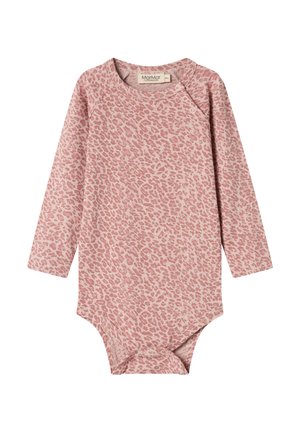 Langermet babysbody i et rosa leopardmønstret design, med trykknapper på skulderen og bunnen for enkel påkledning.