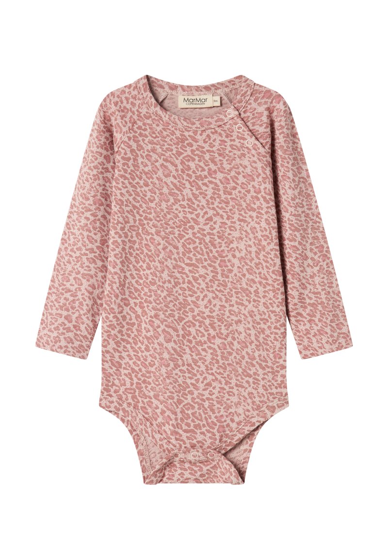 Bodysuit za bebe s dugim rukavima u dizajnu ružičastog leopard uzorka, s kopčama na ramenima i dnu za lako oblačenje.