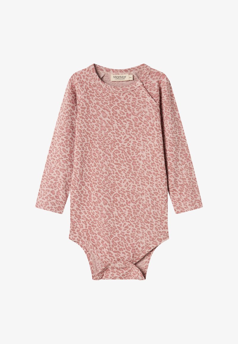 Μακρυμάνικο φορμάκι μωρού σε σχέδιο λεοπάρ ροζ, με κουμπώματα στους ώμους και στο κάτω μέρος για εύκολη ντύσιμο.