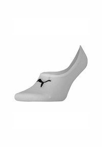 Biały skarpetka typu no-show z logo Puma w kolorze czarnym na górze, zaprojektowana tak, aby osłaniać stopę przy jednoczesnym zachowaniu niskiego i dyskretnego fasonu.