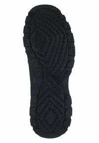 Suela de bota de goma negra con un patrón de relieve profundo, que presenta varias formas geométricas para proporcionar tracción. Las marcas incluyen el tamaño "41" y el logotipo de la marca.