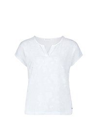 Blusa bianca in cotone con maniche corte, scollatura a v e dettagli di ricamo floreale testurizzato su tutta la superficie. Presenta un orlo curvo e un'etichetta con logo.