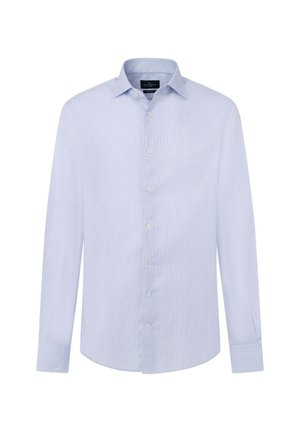 Lichtblauw overhemd met lange mouwen, een klassieke kraag, knoopsluiting en een effen textuur. Bevat contrasterende witte knopen op de sluiting.