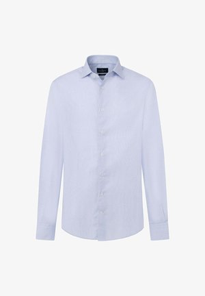 Světle modrá košile s dlouhým rukávem a klasickým límečkem, zapínání na knoflíky a hladká textura. Obsahuje kontrastní bílé knoflíky na léze.