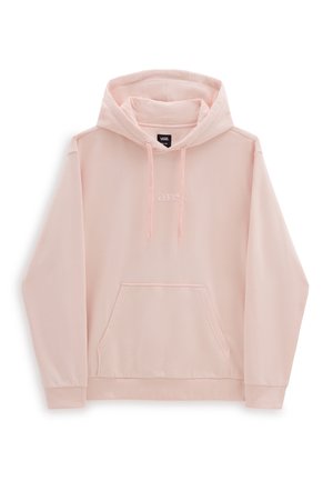 Jasnoróżowa bluza z kapturem Vans z przednią kieszenią kangurką, regulowanym sznurkiem w kapturze oraz subtelnym logo marki na piersi, pokazana na płasko na białym tle.