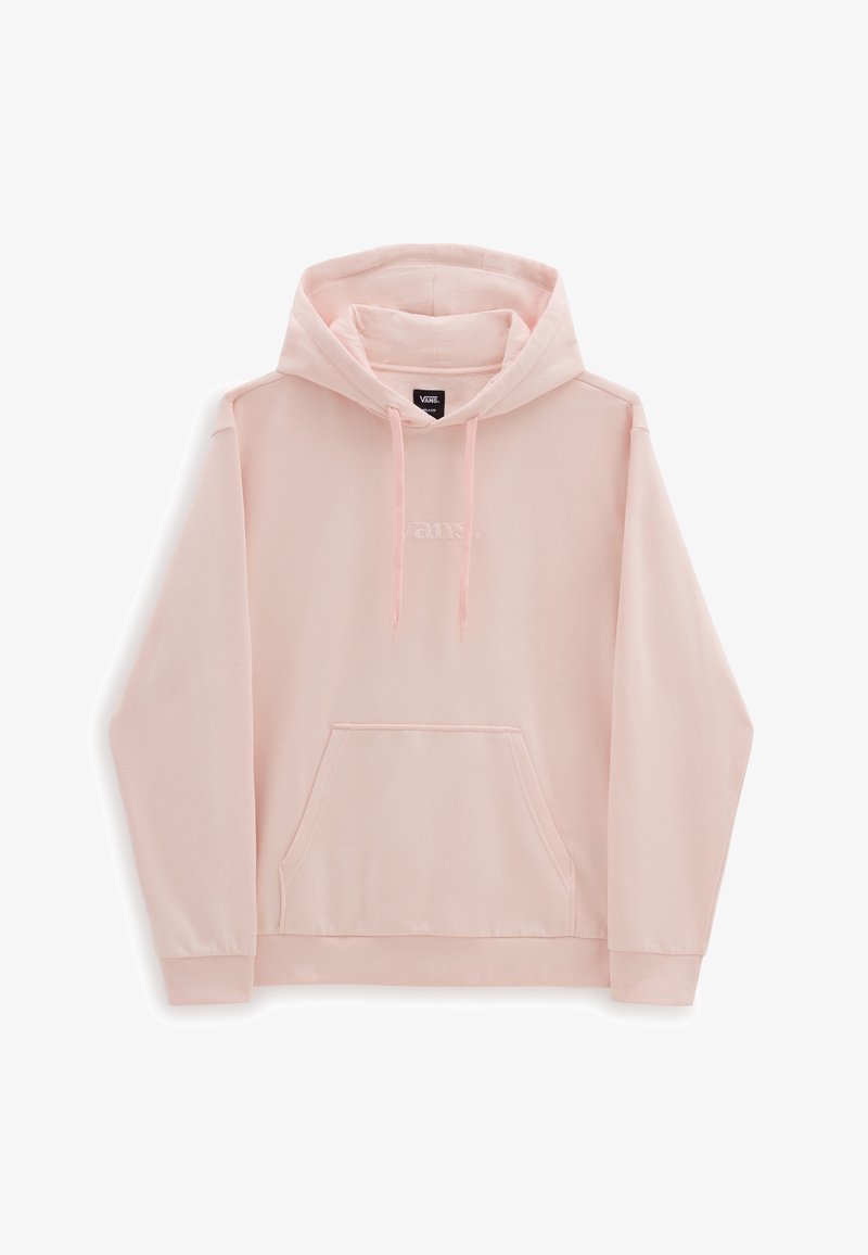Sweat à capuche Vans rose clair avec poche kangourou avant, capuche à cordon ajustable et logo de marque discret sur la poitrine, présenté à plat sur fond blanc.