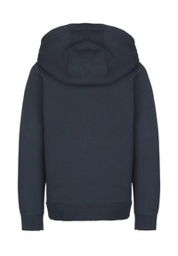 Felpa blu navy realizzata in tessuto morbido, con un ampio cappuccio, maniche lunghe e orlo a costine. Senza loghi o motivi visibili.