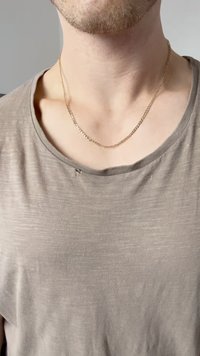 Camiseta gris de manga corta con escote redondeado, que presenta un pequeño desgarro. Collar de cadena dorada que cae alrededor del cuello.