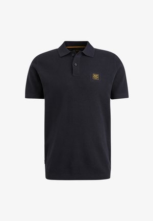 Marineblauwe polo-shirt met een gehuurde structuur, knoopsluiting met twee knopen en een klein merkembleem op de linkerborst. Korte mouwen en platgebreide kraag.