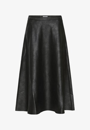 Svart A-linjeformad kjol i konstläder, med en slät yta, medellång design och en midja för justerbar passform.