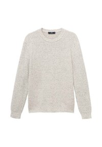 Lichtgrijs gebreid crewneck sweater met lange mouwen en ribgebreide manchetten, plat weergegeven op een witte achtergrond.