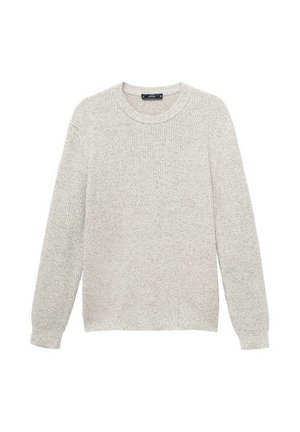Light gray knitted crewneck sweater with long sleeves and ribbed cuffs, displayed flat on a white background.