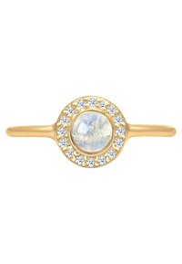 Goldring mit einem kreisförmigen Design, in dessen Mitte ein Mondstein von kleinen klaren Steinen umgeben ist, glatter Band, polierte Oberfläche.