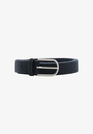 Ceinture en tissu tissé noir avec une boucle métallique rectangulaire argentée et des détails en cuir noir sur fond blanc.