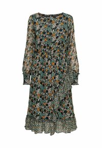 Bloemjurk met lange doorzichtige mouwen, groene, gele en zwarte patronen op een donkere achtergrond, met een gerimpelde zoom en taille detail.