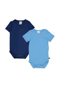 To korte ærmel bodysuits i marineblå og lyseblå bomuld. Hver af dem har trykknapper i bunden og en rund halsudskæring.