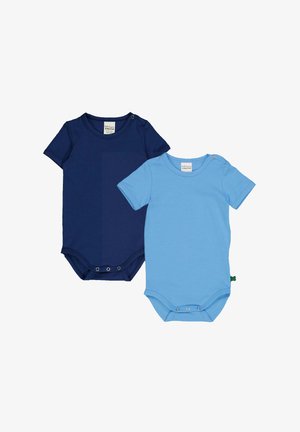 To korte ærmel bodysuits i marineblå og lyseblå bomuld. Hver af dem har trykknapper i bunden og en rund halsudskæring.