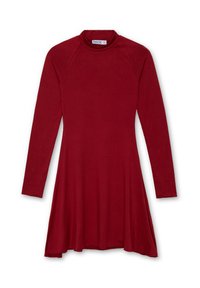 Vestido rojo de manga larga con cuello alto, corsé ajustado y falda acampanada. Hecho de una tela suave, con un diseño sencillo sin patrones.
