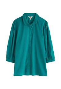 Teal bluza s gumbi in s pufastimi rokavi do tri četrtine ter okroglim ovratnikom, narejena iz teksturirane tkanine.