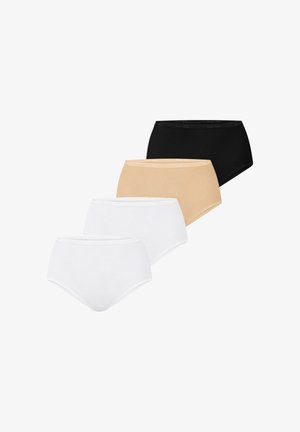 Vier paar damesslips met hoge taille in zwart, beige en twee tinten wit, diagonaal gerangschikt op een witte achtergrond.