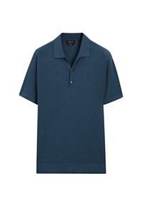 Marineblå kortærmet polo-shirt lavet af et struktureret stof, med en flad krave og tre-knaps lukning, samt ribbede kantdetaljer.