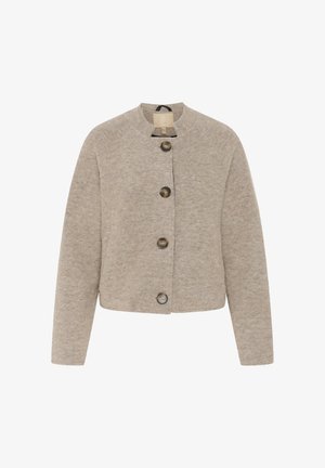 Jasno beżowa krótka kurtka z miękkiego materiału, z okrągłym dekoltem, zapięciem na guziki z przodu z ciemnymi guzikami oraz rękawami raglanowymi.