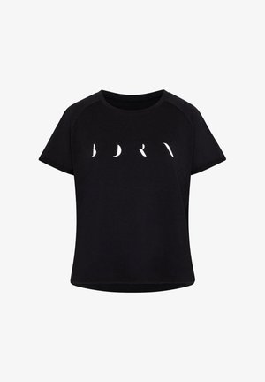 Čierne tričko s krátkym rukávom s výraznými bielymi vyrezávanými písmenami. Mäkkučký materiál s voľným strihom a okrúhlym výstrihom. Neformálny dizajn.