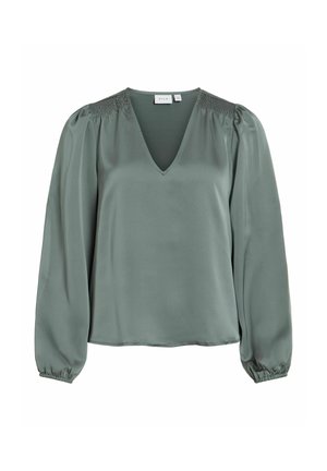 VILA, VIELLETTE L/S SMOCK SATIN TOP - NOOS - Blouse - balsam green