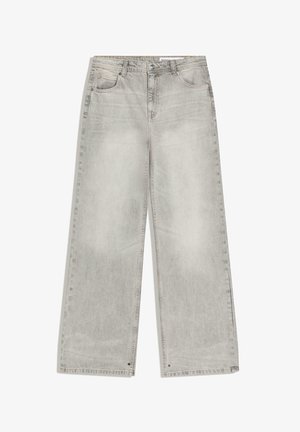 Hellgraue Jeans mit weitem Bein, Fronttaschen, Gürtelschlaufen und Knopfverschluss.