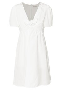 Vit bomullsklänning med korta puffärmar, V-ringning, detaljer med knytband framtill och veckad midja, med dragkedja i ryggen.