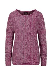 Maglione viola lavorato a maglia con un motivo a treccia testurizzato, scollatura rotonda e maniche lunghe. Il tessuto è morbido e presenta tonalità diverse di viola.