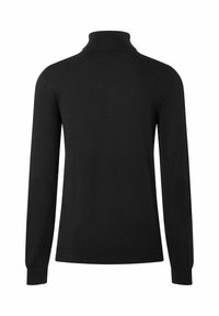 Schwarzer Pullover mit langen Ärmeln, hohem Kragen, glatter Textur und Ellbogen-Patches. Die Rückseite ist schlicht mit einer taillierten Silhouette.