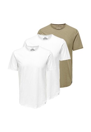 Tre crewneck-T-shirts i hvid og beige, arrangeret overlappende, der viser forside og korte ærmer.