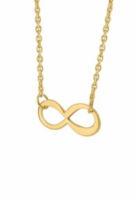 Złoty naszyjnik z wisiorkiem w kształcie symbolu nieskończoności. Łańcuszek składa się z owalnych ogniw, a wisiorek ma gładkie, polerowane wykończenie.