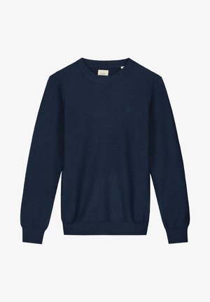 Marineblauer, gestrickter Rundhals-Pullover mit gerippten Bündchen und Saum. Mit kleinem Logo auf der Brust. Weicher Stoff und normale Passform.