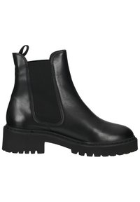 Bottine Chelsea en cuir noir avec panneaux latéraux élastiques, languette au talon, semelle crantée épaisse et petit talon carré.