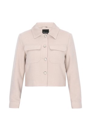 Heledbeez värvi lühike jakk nööpide ees, kahe klappi rinna taskuga, pikkade varrukatega ja terava kraega.