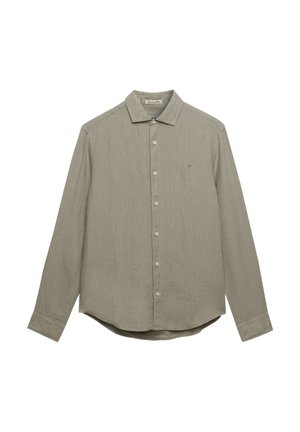 Beige, langærmet skjorte med knapper, spids krave, ensfarvet design og diskret logo på venstre bryst.