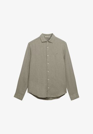 Beige, langærmet skjorte med knapper, spids krave, ensfarvet design og diskret logo på venstre bryst.