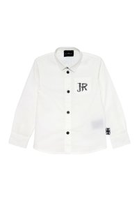 Camicia bianca a maniche lunghe con colletto, bottoni neri, tasca con ricamo "JR" e una decorazione a forma di bandiera sul manica.