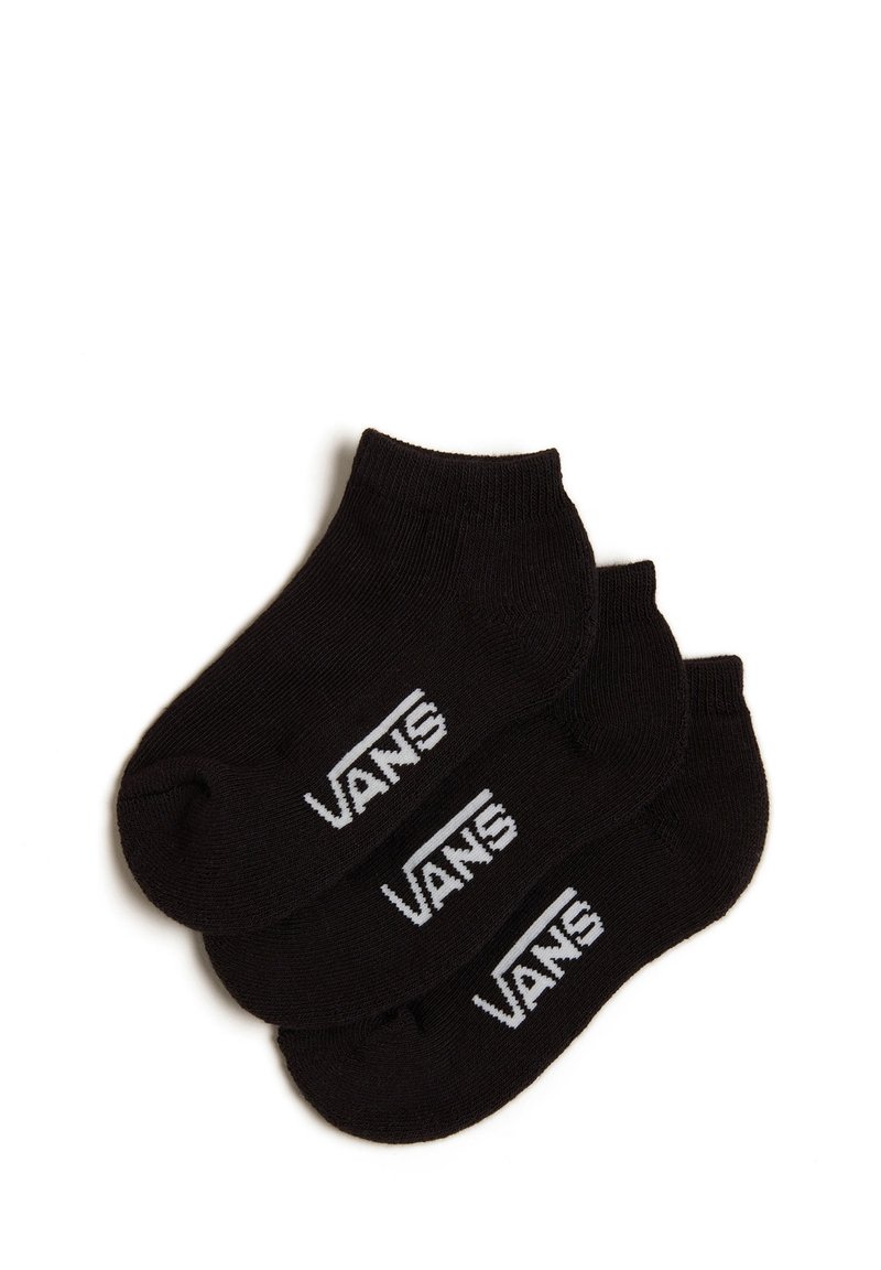 Sorte ankelstrømper lavet af en blanding af bomuld, med et hvidt "VANS" logo på siden. Tre par stablet sammen.