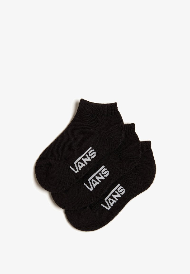 Calcetines negros hasta el tobillo hechos de una mezcla de algodón, con un logo blanco de "VANS" en el costado. Tres pares apilados juntos.