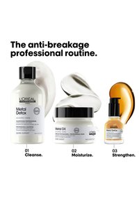 Prodotti per la cura dei capelli L'Oréal Metal Detox etichettati Pulire, Idratare, Rinforzare con shampoo, maschera e siero corrispondenti e consistenza del prodotto dietro ognuno.