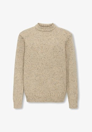 Maglione lavorato a maglia beige maculato con maniche lunghe, collo a coste, polsini e orlo, disteso su uno sfondo bianco.