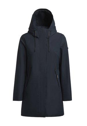 Marinblå vattentät jacka med huva, har dragkedja fram, två sidofickor och justerbara snoddar. Slät, slitstark tyg.