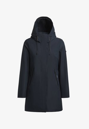 Chaqueta impermeable azul marino con capucha, que cuenta con un cierre frontal con cremallera, dos bolsillos laterales y cordones ajustables. Tela lisa y resistente.
