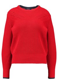 Rød strikket sweater med mønstret tekstur og ribbet halskant, med kontrastfulde blå accenter ved kant og ærmekanter.