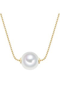 Aukso grandinėlė su viena apvalia baltąja perla, lygiu paviršiumi, su aukso akcentais šalia perlo. Paprastas ir elegantiškas dizainas.